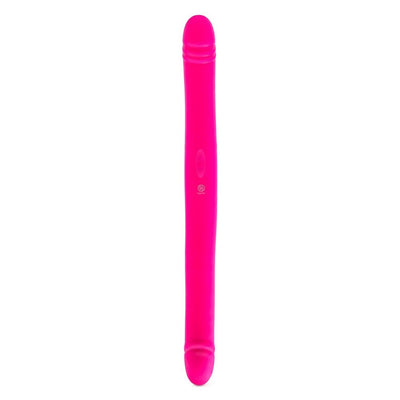 Bright pink flexible silicone dual-ended intimate massager with textured tips and control button in the center.