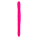 Bright pink flexible silicone dual-ended intimate massager with textured tips and control button in the center.