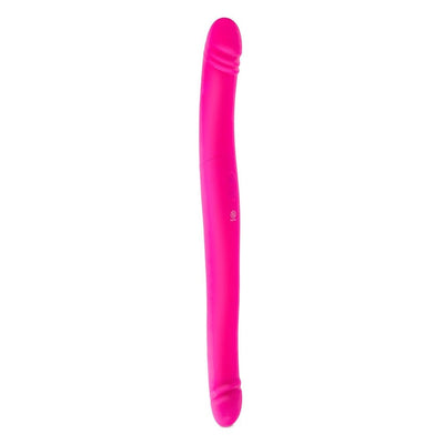 Pink flexible silicone dual-ended intimate massager with smooth curved design and control buttons.