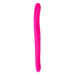 Pink flexible silicone dual-ended intimate massager with smooth curved design and control buttons.