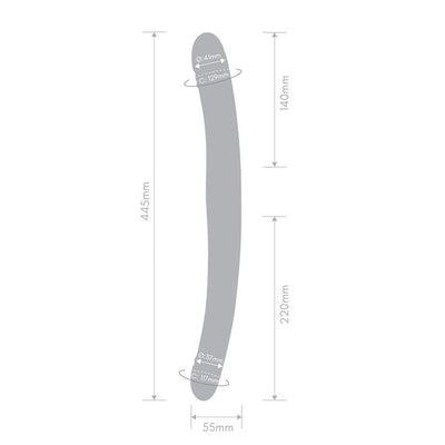 Diagram of Together Duo Pink showing total length 445mm, width 55mm, and detailed measurements of each end's diameter and circumference.