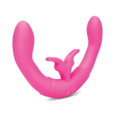 Pink dual-arm silicone couples toy with flexible design and textured base for enhanced shared pleasure.