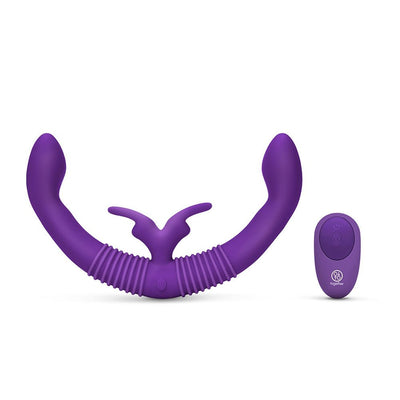 Purple flexible couples toy with dual external stimulators and wireless remote control on white background.