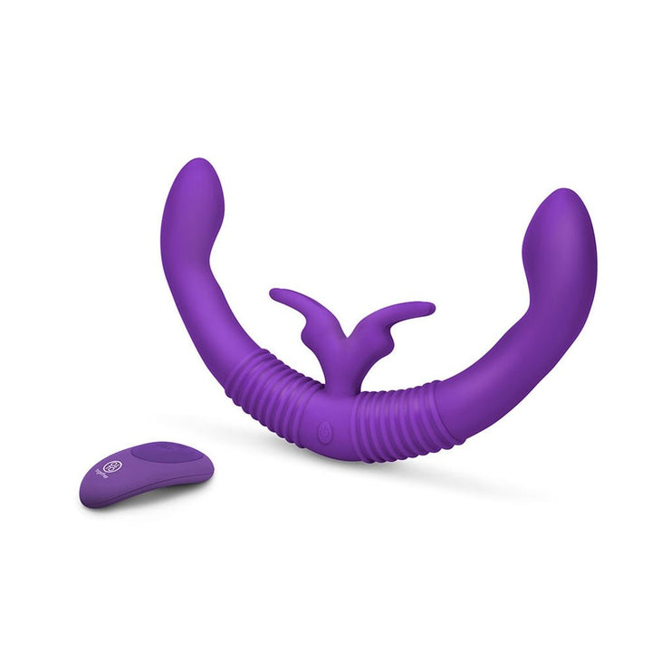 Purple flexible couples toy with dual stimulators and wireless remote control on white background.