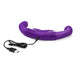 Purple flexible couples toy with dual stimulators and USB charging cable on white background.