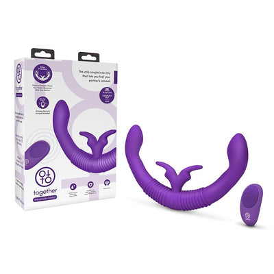 Purple ergonomic couples toy with dual external stimulators and wireless remote control, displayed with packaging.