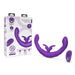 Purple ergonomic couples toy with dual external stimulators and wireless remote control, displayed with packaging.