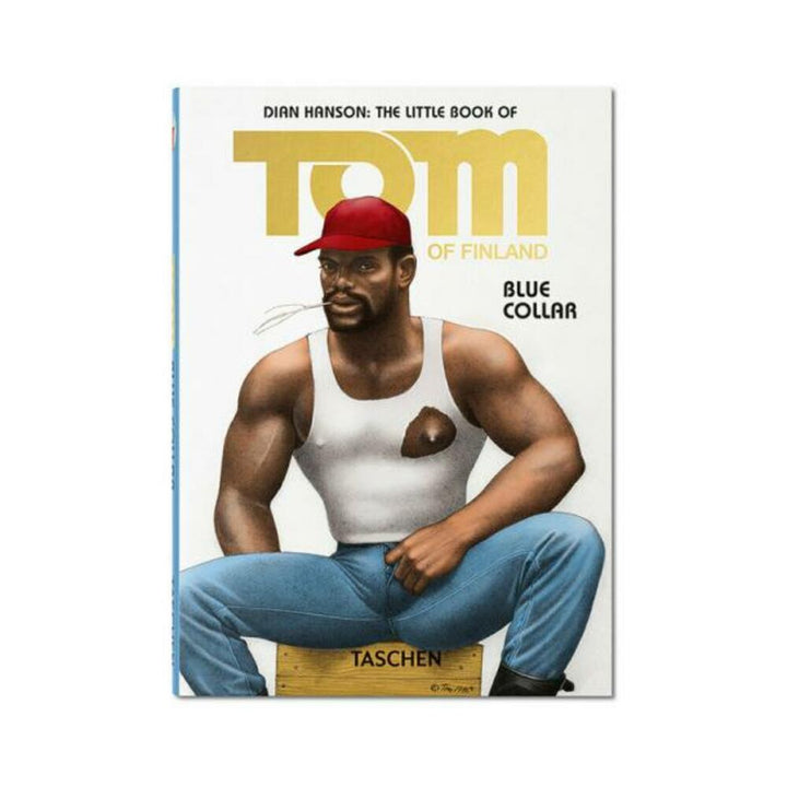 Cover of Tom of Finland Blue Collar Pocket Edition featuring a muscular man in a white tank top and red cap sitting on a wooden crate.