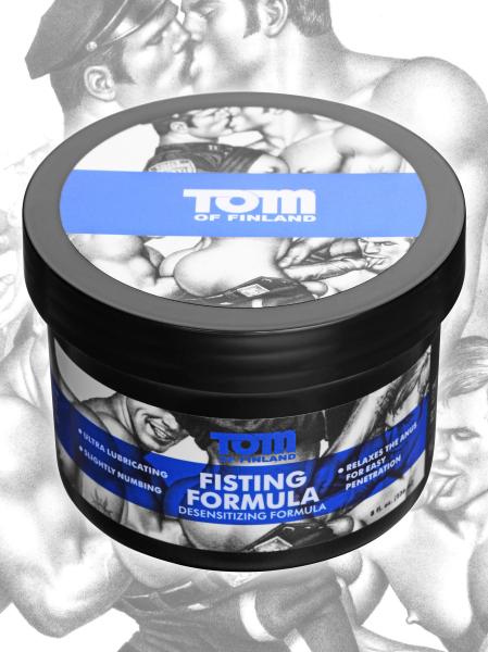 Tom Of Finland Fisting Formula Cream 8oz in black container with blue and white label featuring vintage artwork.