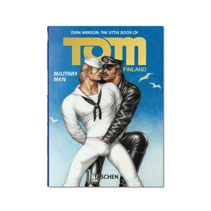 Cover of Tom of Finland Military Men Pocket Edition featuring two masculine men in sailor and leather military attire against a blue sky background.