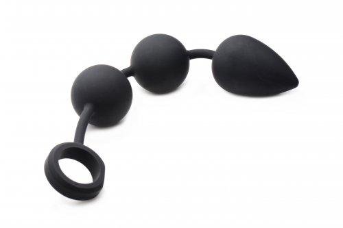 Black silicone weighted anal beads with tapered tip and finger loop for easy retrieval.