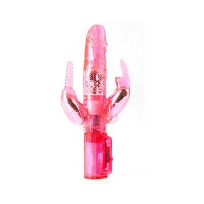 Pink triple stimulator vibrator with rotating pleasure pearls and multiple textured attachments for varied stimulation.