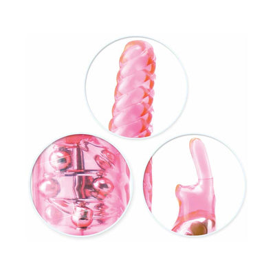 Close-up details of the pink Total Ecstasy Triple Stimulator vibrator showing textured shaft, rotating pleasure pearls, and rabbit ear clitoral stimulator.
