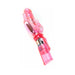 Pink triple stimulator vibrator with rotating beads and rabbit-style clitoral stimulator, battery compartment visible.
