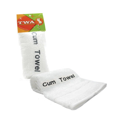 White towel with black embroidered text Cum Towel, shown folded and packaged with colorful Towels With Attitude label.