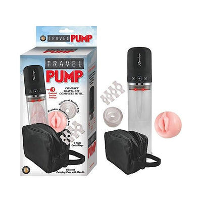 Travel Pump Three Speed Kit with clear cylinder, two interchangeable bases, four cock rings, and black carrying case.