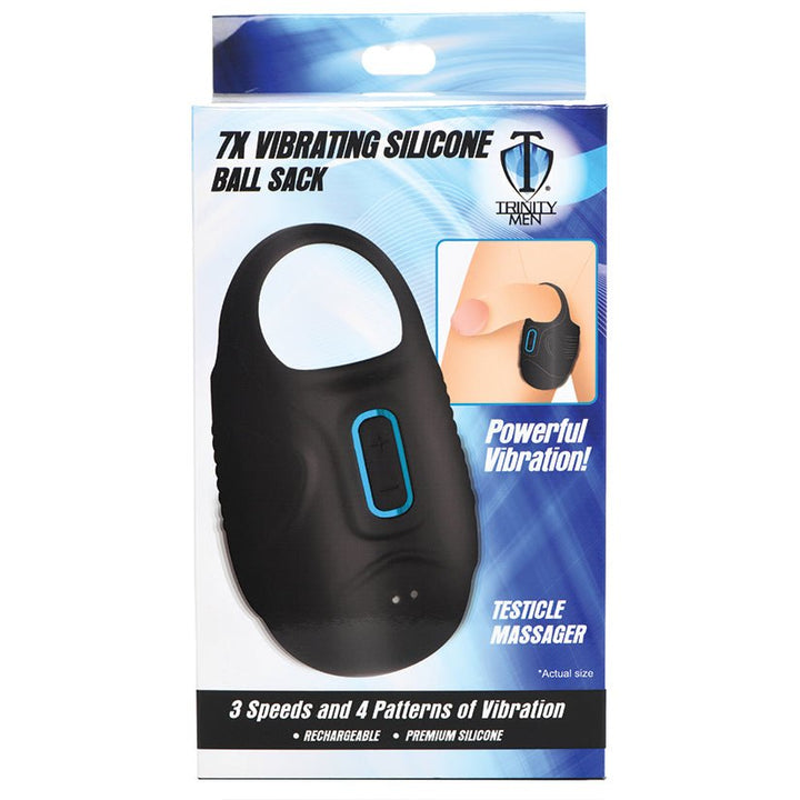 Packaging of Trinity Men 7x Vibrating Silicone Ball Sack with product image and features highlighted.