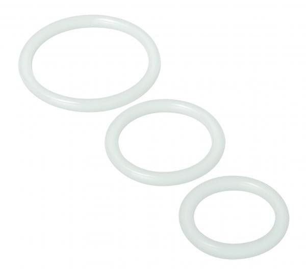 Set of three white silicone rings in varying sizes arranged on a white background.