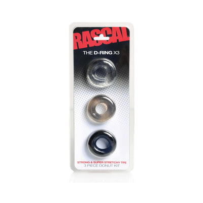 Triple pack of stretchy donut-shaped cock rings in clear, smoke, and black, packaged in a Rascal branded blister pack.