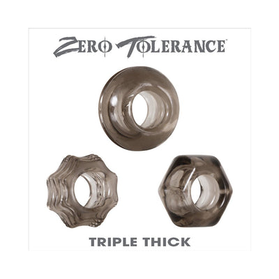 Set of three smoke-colored thick cock rings in circle, star, and hexagon shapes from Zero Tolerance Triple Thick collection.
