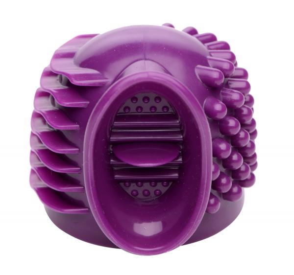 Purple silicone 3-in-1 wand attachment with textured sides and internal stimulating tongue detail.