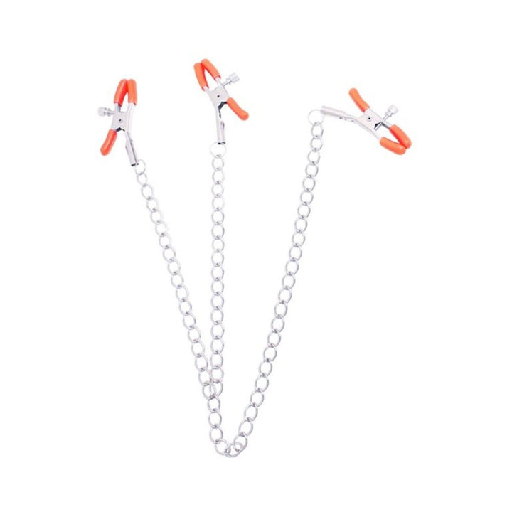 Silver metal nipple and clitoral clamps with orange protective covers connected by a stainless steel chain.