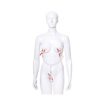 Silver metal nipple and clitoral clamps with orange covers connected by a chain displayed on a white mannequin.