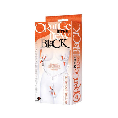 Packaging of Triple Your Pleasure nipple and clitoral clamps set with orange covers and connecting silver chain.