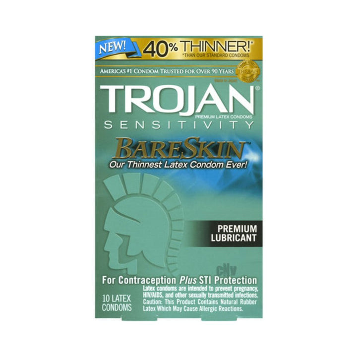 Box of Trojan Bare Skin ultra-thin latex condoms with premium lubricant, 10 count for contraception and STI protection.