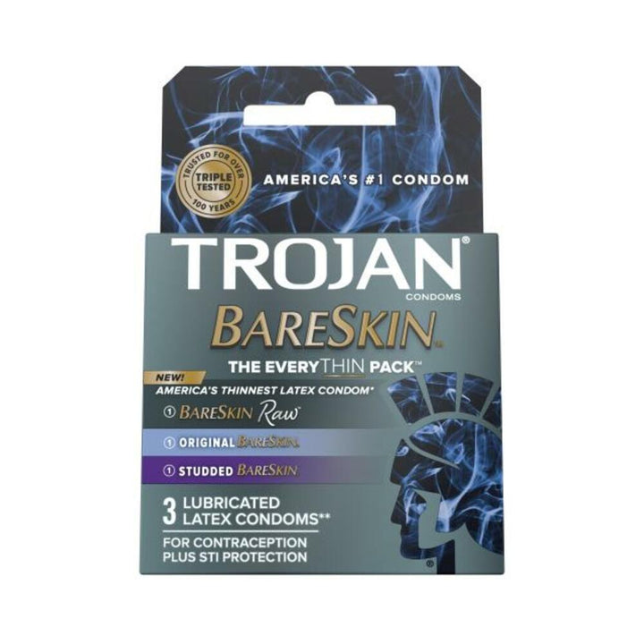 Trojan Bareskin Everythin 3-pack with Raw, Original, and Studded lubricated latex condoms for contraception and STI protection.