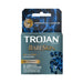 Trojan Bareskin Raw 3-pack condom box with blue smoke design, highlighting 50% thinner, lubricated latex condoms for protection.