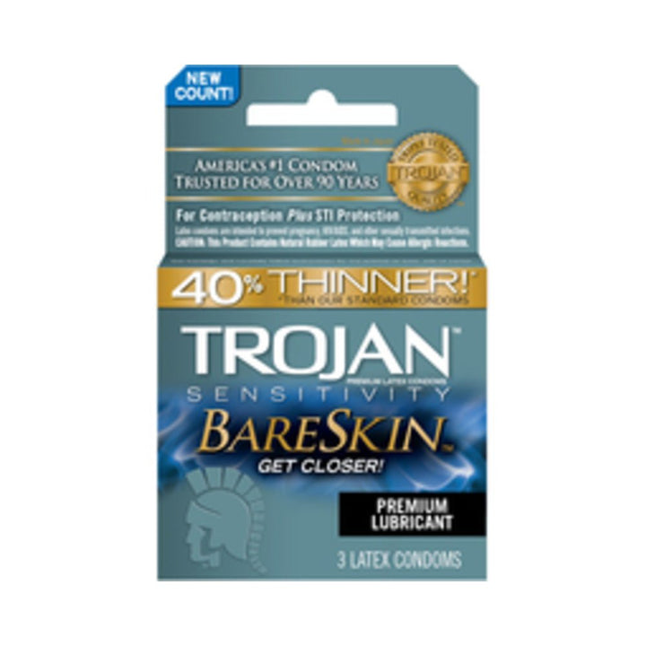 Trojan Bareskin ultra-thin latex condoms pack with premium lubricant, 3 count, designed for enhanced sensitivity and protection.
