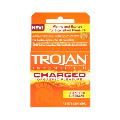 Trojan Charged Intensified Lubricant condoms 3-pack in orange packaging for enhanced pleasure and protection.