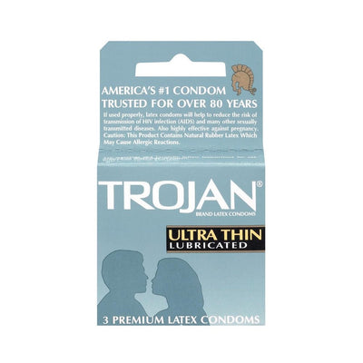 Trojan Ultra Thin Lubricated condoms 3 pack in light blue packaging with couple silhouette and product details.