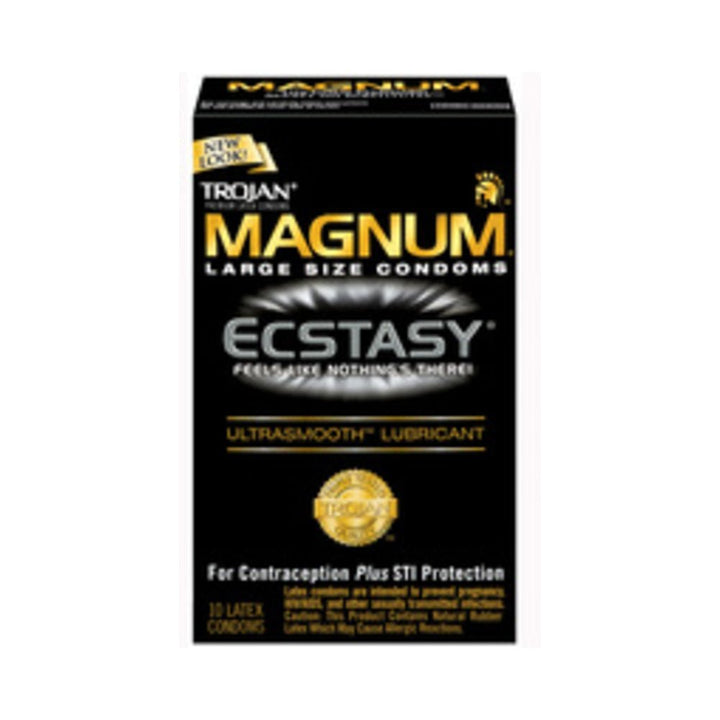 Trojan Magnum Ecstasy large size condoms box with ultrasmooth lubricant for contraception and STI protection, 10 latex condoms.