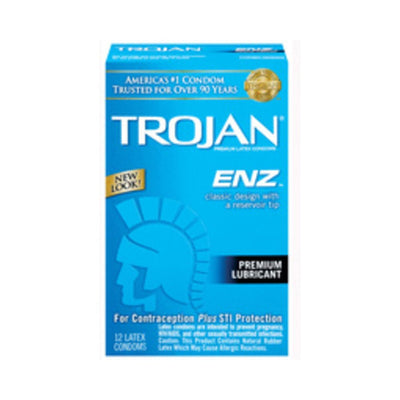 Blue box of Trojan-Enz lubricated condoms with classic design and premium lubricant, pack of 12 latex condoms for protection and comfort.