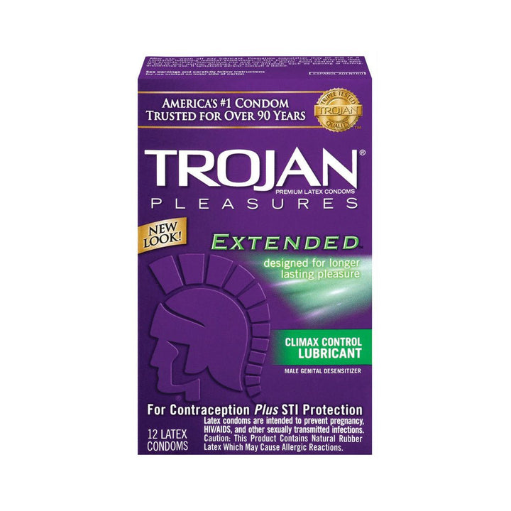 Purple box of Trojan Extended Pleasure condoms with Climax Control Lubricant, 12 latex condoms for longer lasting pleasure and STI protection.