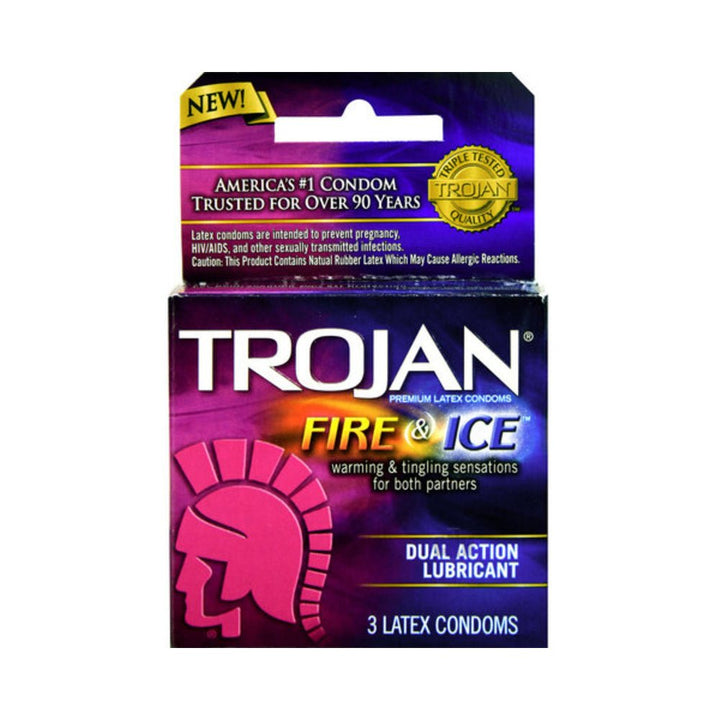 Trojan Fire & Ice lubricated latex condoms box with warming and tingling dual-action lubricant, pack of three.