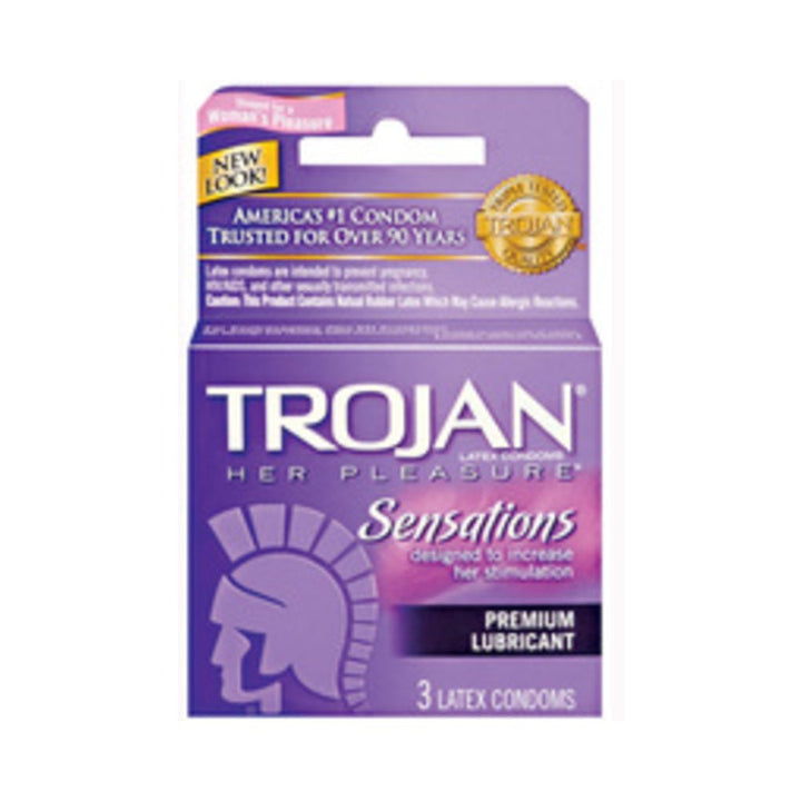Purple box of Trojan Her Pleasure Sensations premium lubricant latex condoms, 3 count, designed to enhance stimulation.