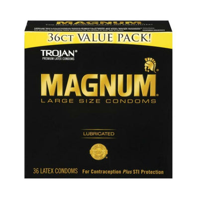 Box of Trojan Magnum large size lubricated latex condoms 36 count value pack for contraception and STI protection