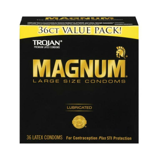 Box of Trojan Magnum large size lubricated latex condoms 36 count value pack for contraception and STI protection