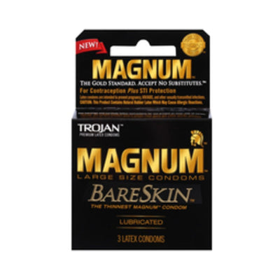 Trojan Magnum Bareskin large size lubricated condoms 3-pack in black and gold packaging.
