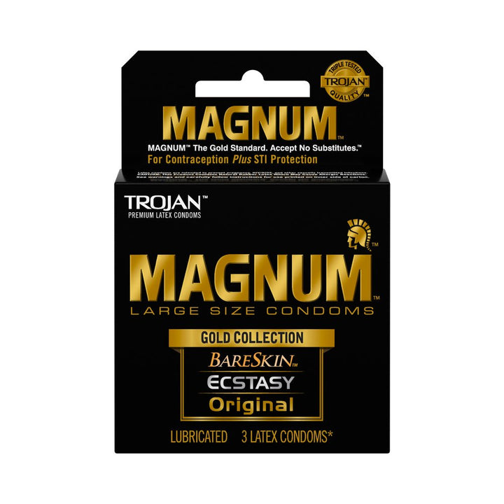 Trojan Magnum Gold Collection large size condoms box featuring Bareskin, Ecstasy, and Original varieties, lubricated, 3 pack.