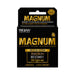 Trojan Magnum Gold Collection large size condoms box featuring Bareskin, Ecstasy, and Original varieties, lubricated, 3 pack.