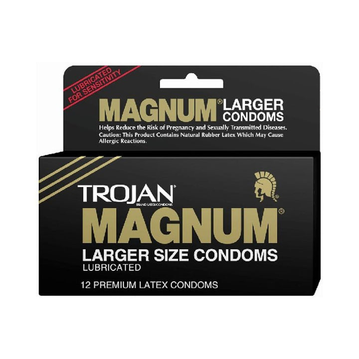 Trojan Magnum Larger Size Condoms box with black and gold design, containing 12 lubricated premium latex condoms.