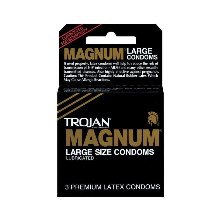 Trojan Magnum Large Size Lubricated Condoms 3-pack in black and gold packaging for comfort and protection.