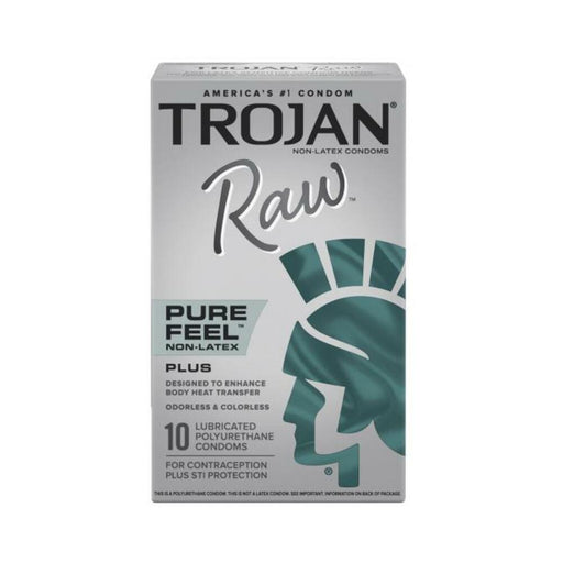 Trojan Raw Pure Feel non-latex polyurethane condoms 10 pack with teal Trojan helmet logo on silver box.