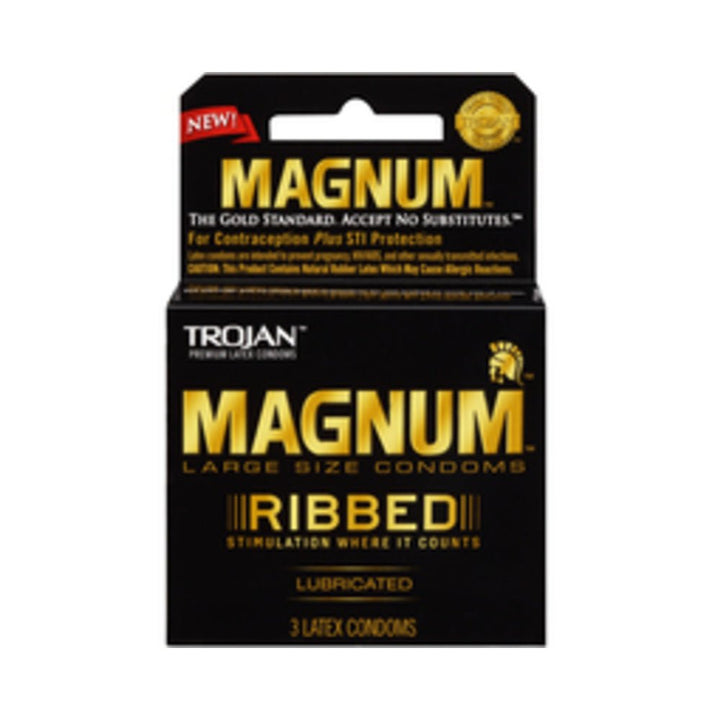 Trojan Magnum Ribbed large size latex condoms 3 pack in black and gold packaging, lubricated for enhanced comfort.