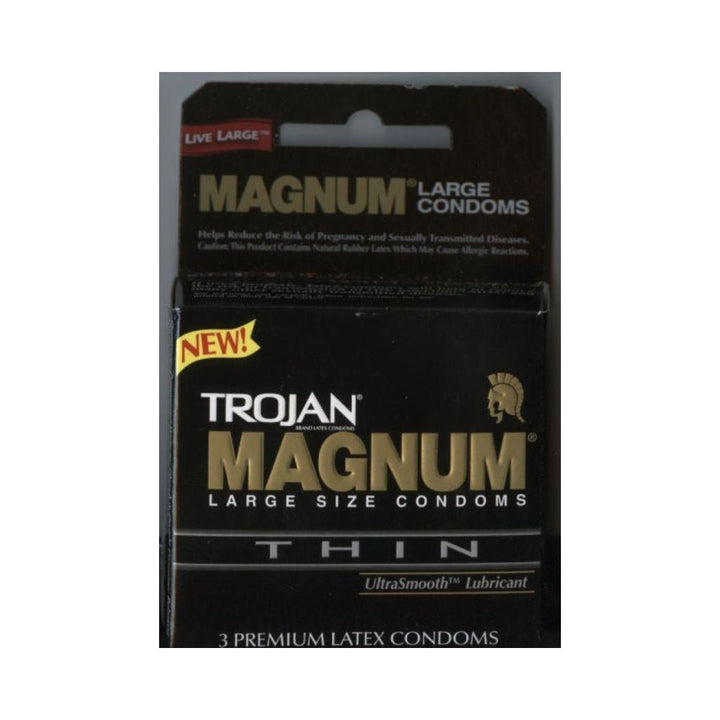 Trojan Magnum Thin large size condoms pack with UltraSmooth lubricant, containing three premium latex condoms.