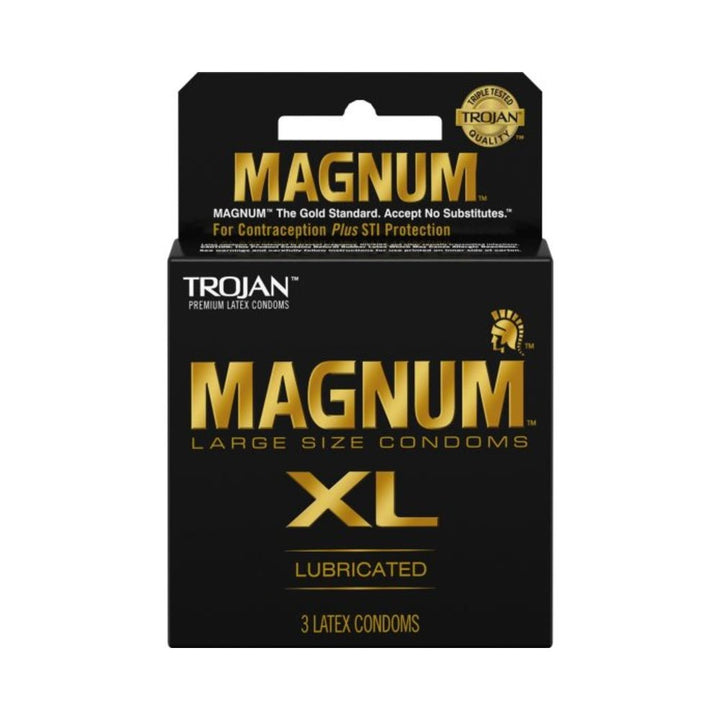 Trojan Magnum XL large size lubricated latex condoms 3-pack in black and gold packaging